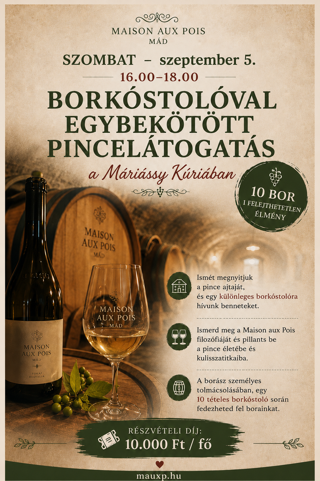 Borkóstolóval egybekötött pincelátogatás a Máriássy Kúriában - 2026.09.05.